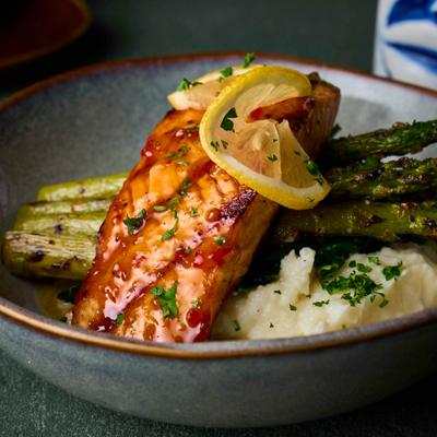 Thai Chili Glazed Salmon with asparagus and mashed potatoes.