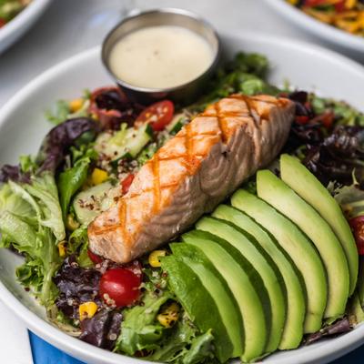 Grilled Salmon Avocado Quinoa Salad.