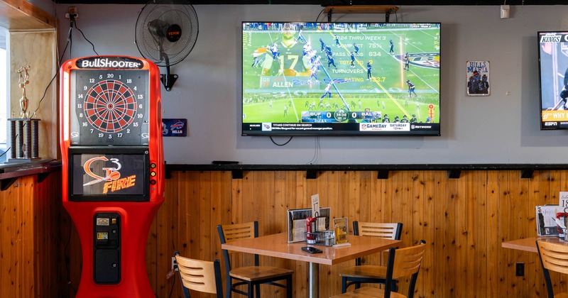 Seating area and a dart board