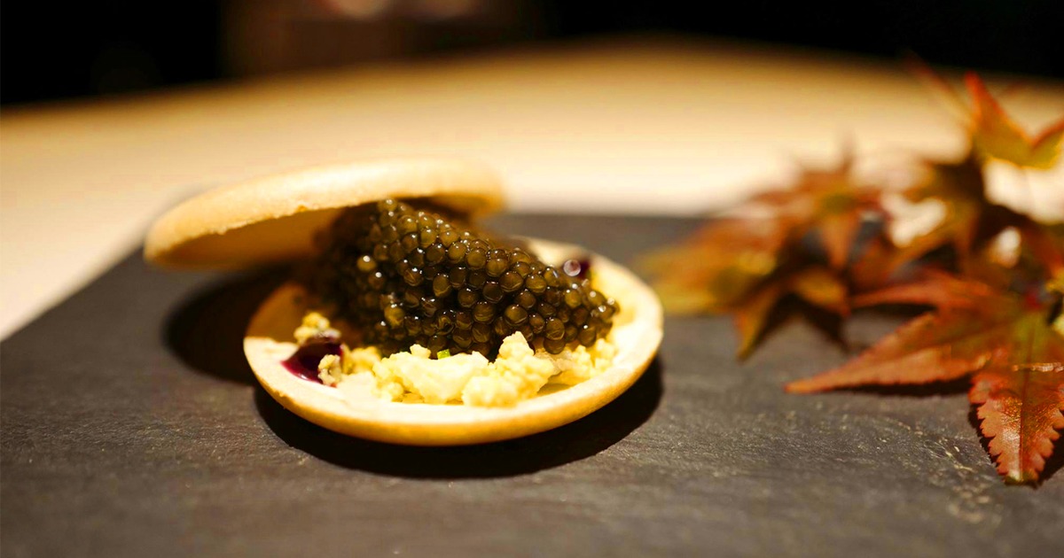 Served Caviar Monaka portion, side view