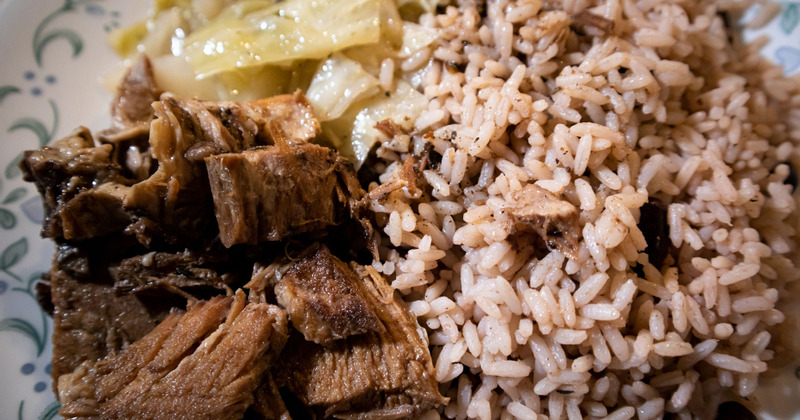 Grilled sliced meat and rice closeup