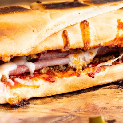 Loaded stromboli, closeup.