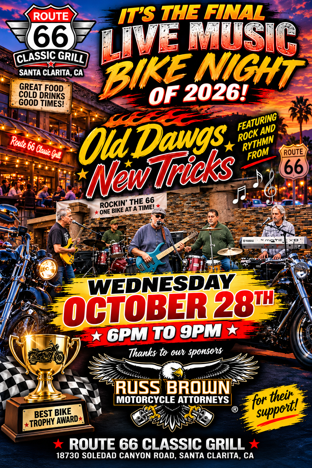 The final Live Music Bike Night of 2026 this Wednesday. Featuring the band Old Dawgs New Tricks. 6pm to 9pm October 28th
