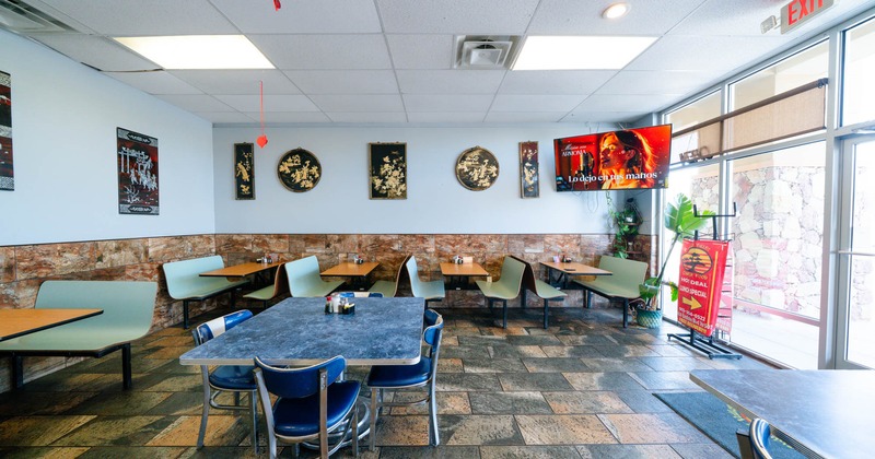 Interior, seating area with tables and chairs