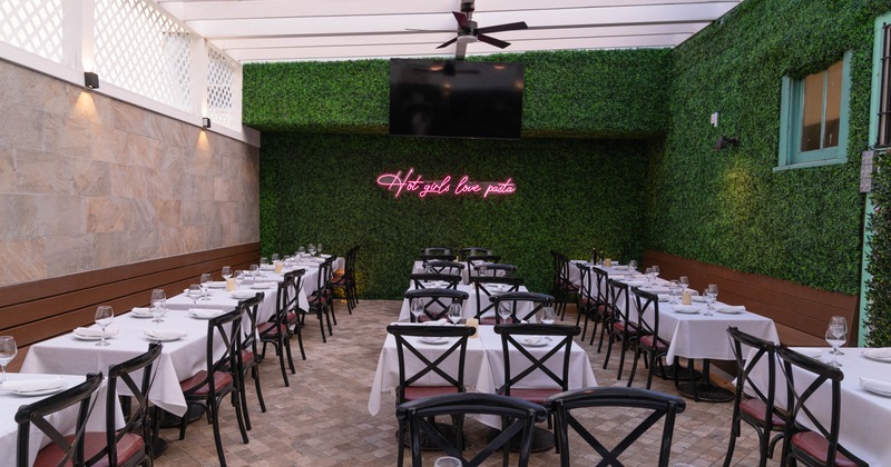 Covered patio, with tables and chairs