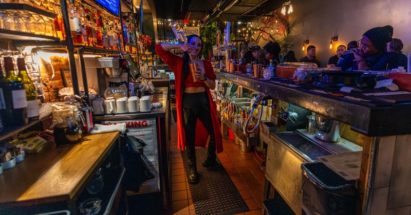 Interior. inside view to the bar, barmen