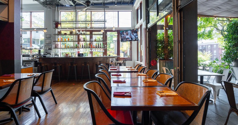 Interior seating area with chairs and tables