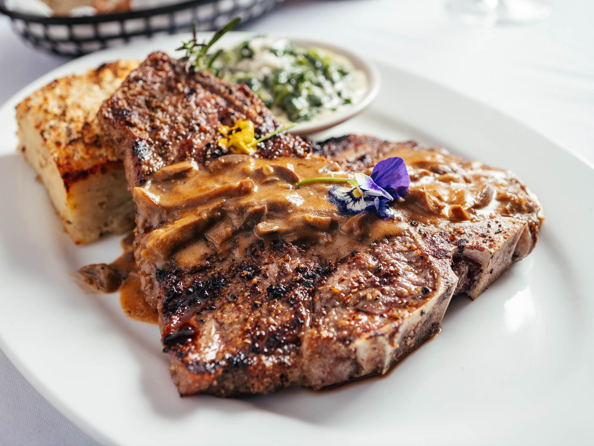 Sirloin steak, potato gratin and creamed spinach