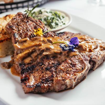 Sirloin steak, potato gratin and creamed spinach.