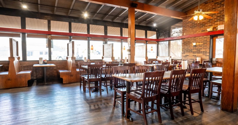 Interior, dining area, tables and chairs, ceiling fan