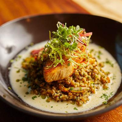 Crispy salmon fillet, quinoa, sauce, and herbs.