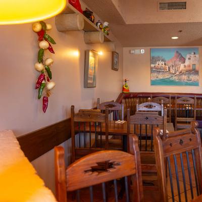 Tables and chairs, decorations.