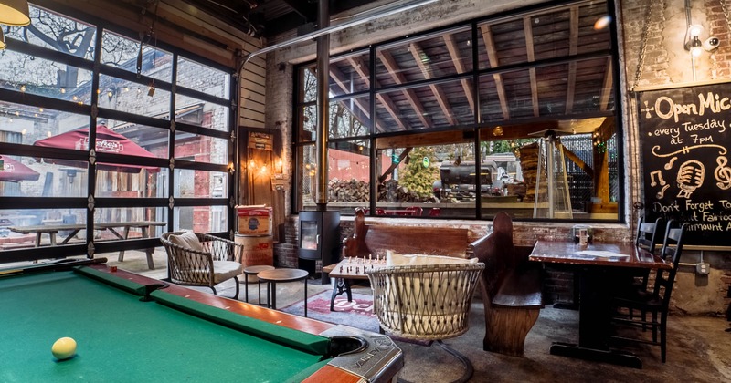 Interior, seating area by the pool table