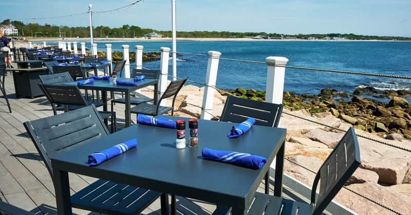 Exterior seating area with a sea view