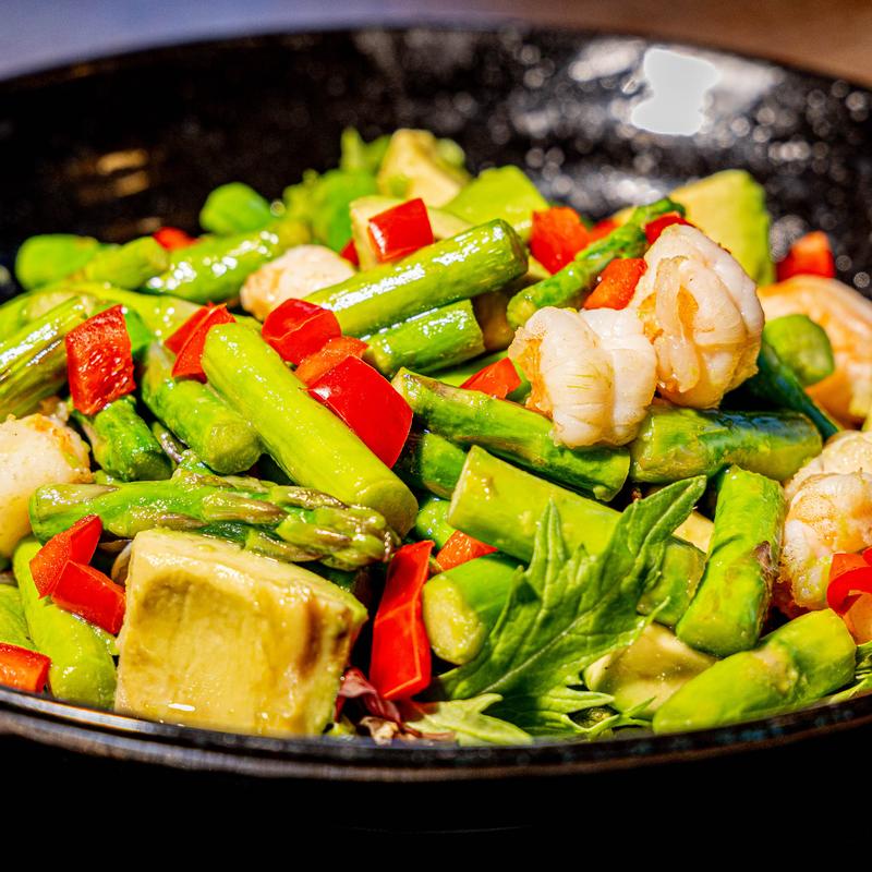menu item 7 of 30, Shrimps with Asparagus & Avocado Salad