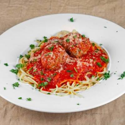 Spaghetti and meatballs, with tomato sauce.