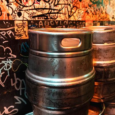 Aluminium beer kegs.