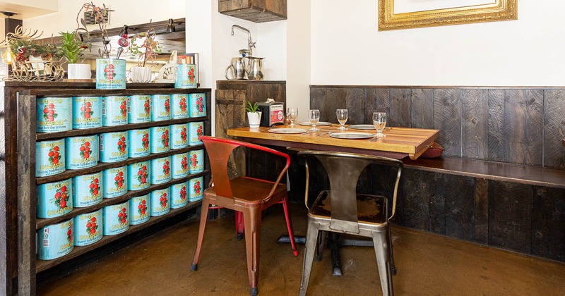 Interior, bench, tables and chairs