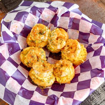 Fried Deviled Eggs With Shrimp.