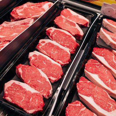 A display of cuts of steak.