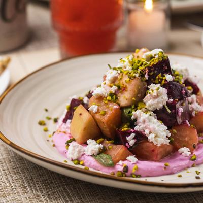 Beet salad served, closeup.