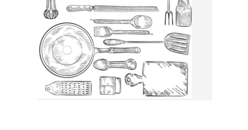 Drawing of various kitchen utensils