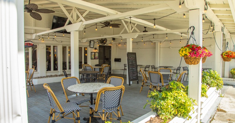 Porch terrace, tables, chairs