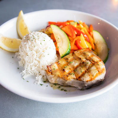 Fish steak with rice and various veggies