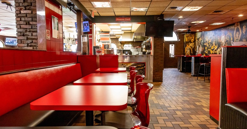 Interior, banquette seating, tables and chairs