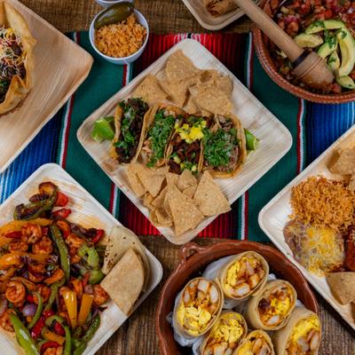 A variety of dishes on a colorful background, top view.