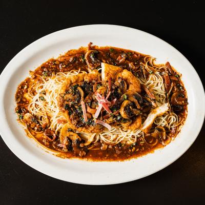 Chicken Marsala over angel hair pasta