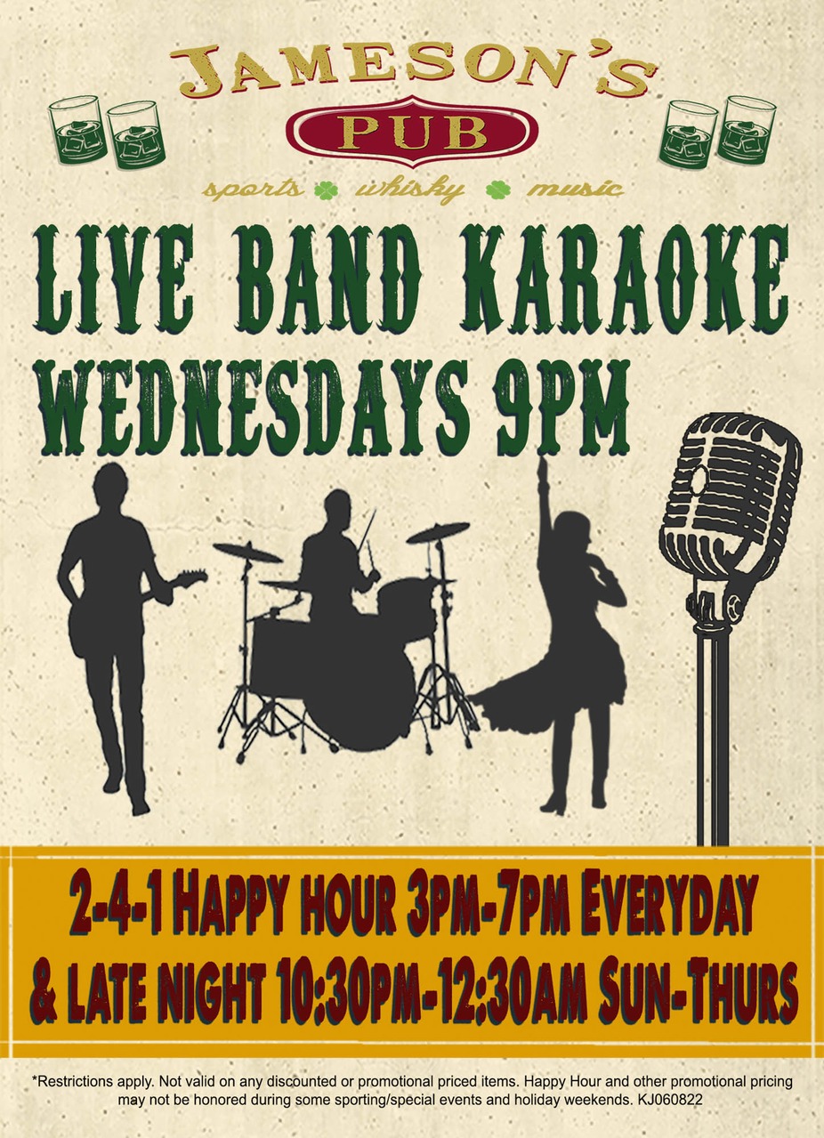 Advertisement flyer for Jameson's Pub promoting live band karaoke events