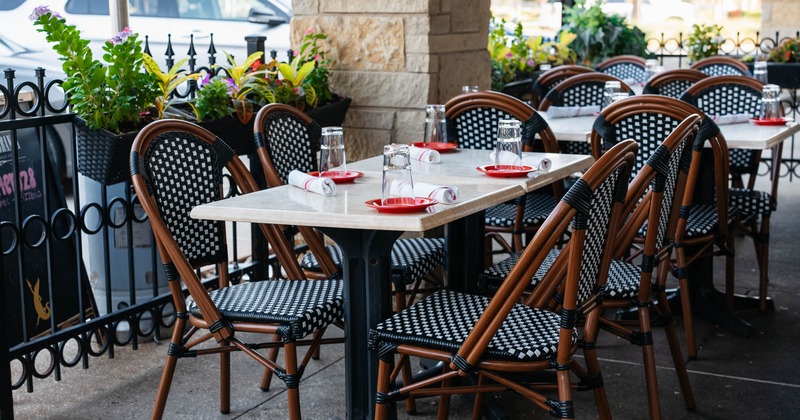 Exterior, seating area, tables and chairs