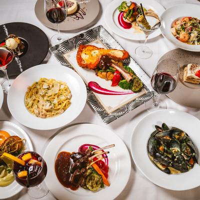 Assorted food plates displayed on a table, top view.