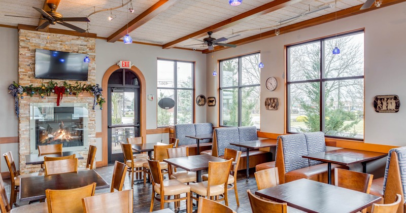 View of a dining area with a fireplace