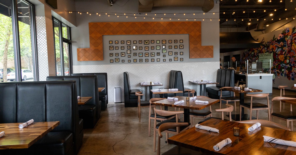 Dining booths and tables, wall decorations