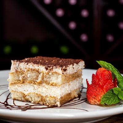 Piece of tiramisu on plate