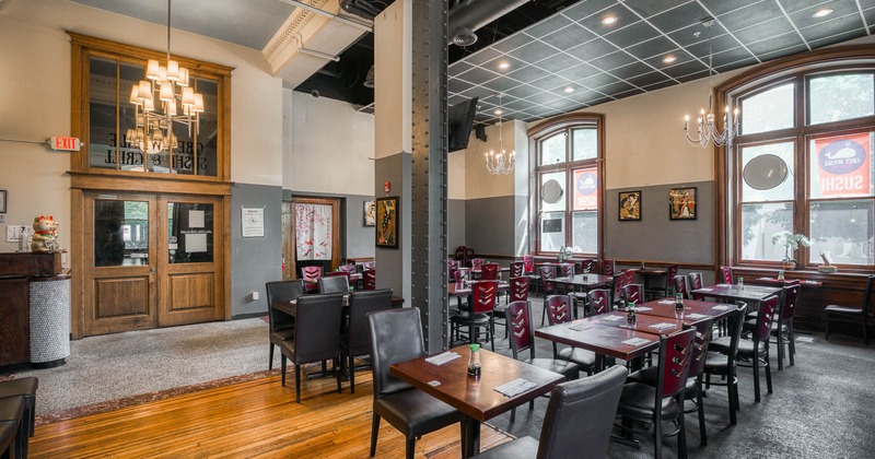 Interior, tables and chairs in a row