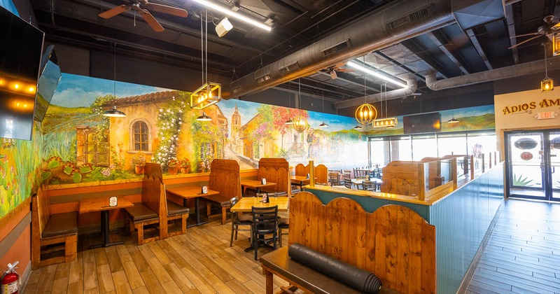 Interior, wooden booths by the wall