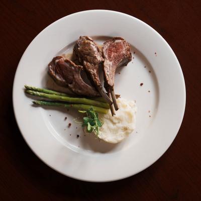 Lamb chops, with mashed potatoes and asparagus.