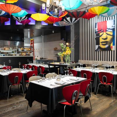 Interiro, diner area, tables, chairs.