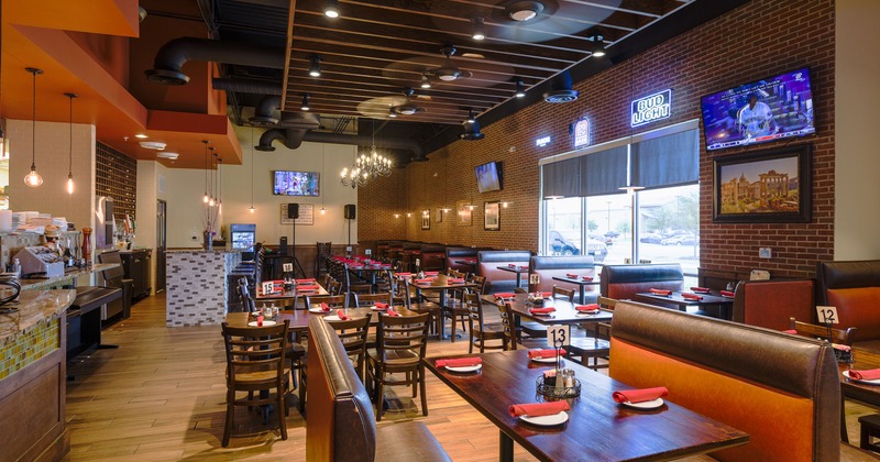 Restaurant interior, dining area set and ready for guests