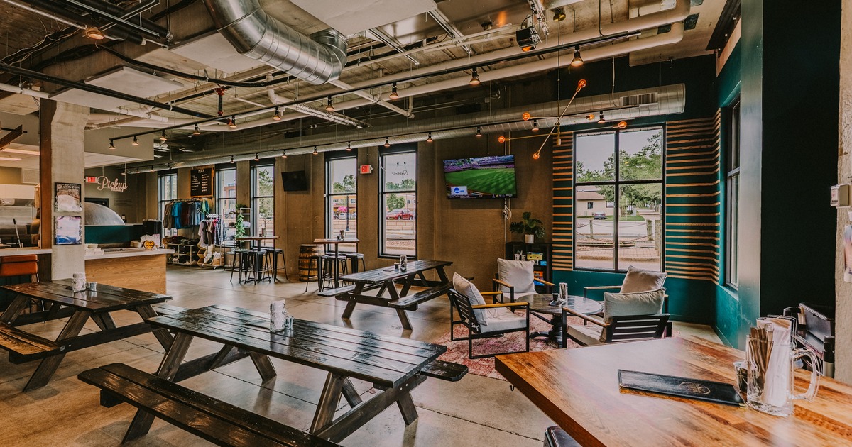 Interior, seating area with picnic tables