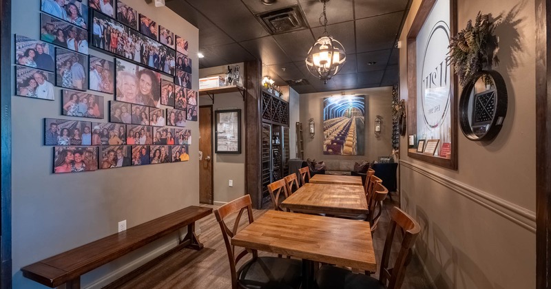 Interior, chairs and tables, photos on the wall