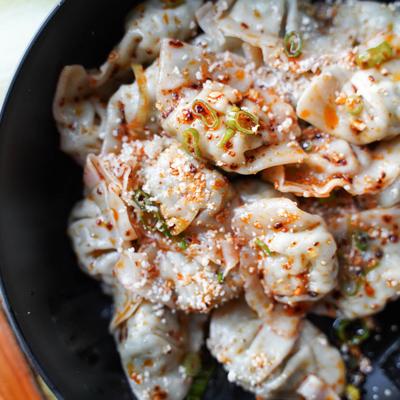 Close-up of chili and chicken dumplings.