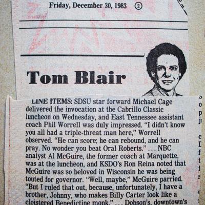 An old newspaper cutout article with a headshot of Tom Blair