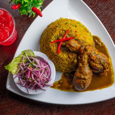 Fried rice with chicken and salad.