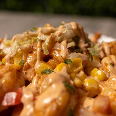 Extreme close up of a burrito bowl.