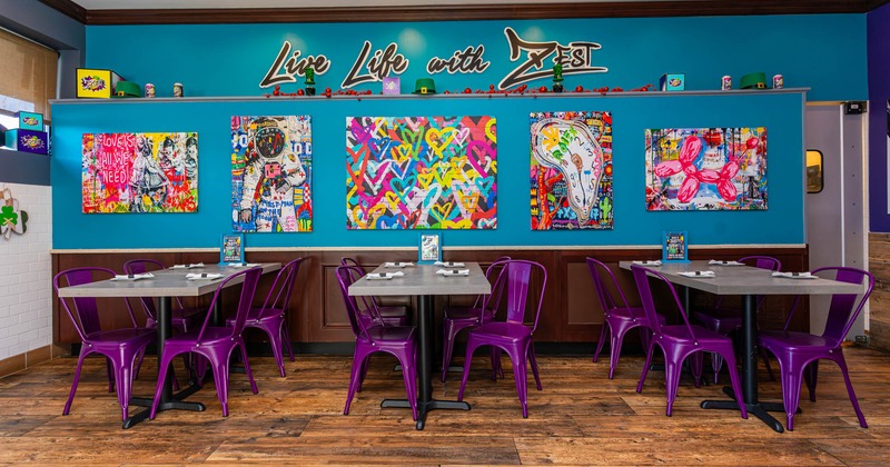 Interior, tables and chairs, pictures on the wall