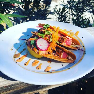 Blackened Ahi Tuna Tacos in a fried tortilla, with sweet cabbage and a sriracha aioli.
